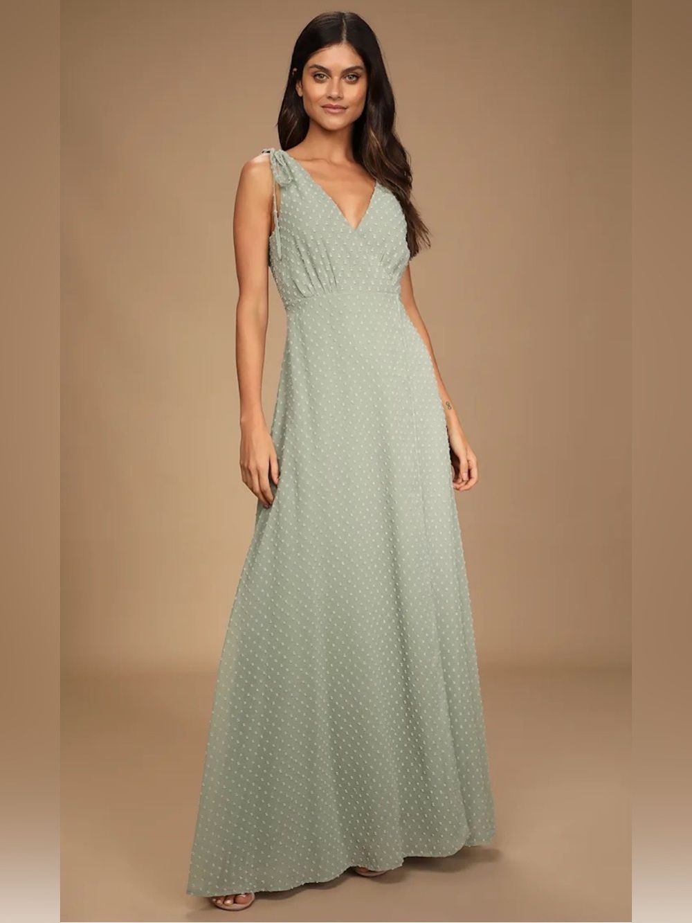 Nordstrom Sage Dot-Textured V-Neck Maxi Dress with Tie Shoulder